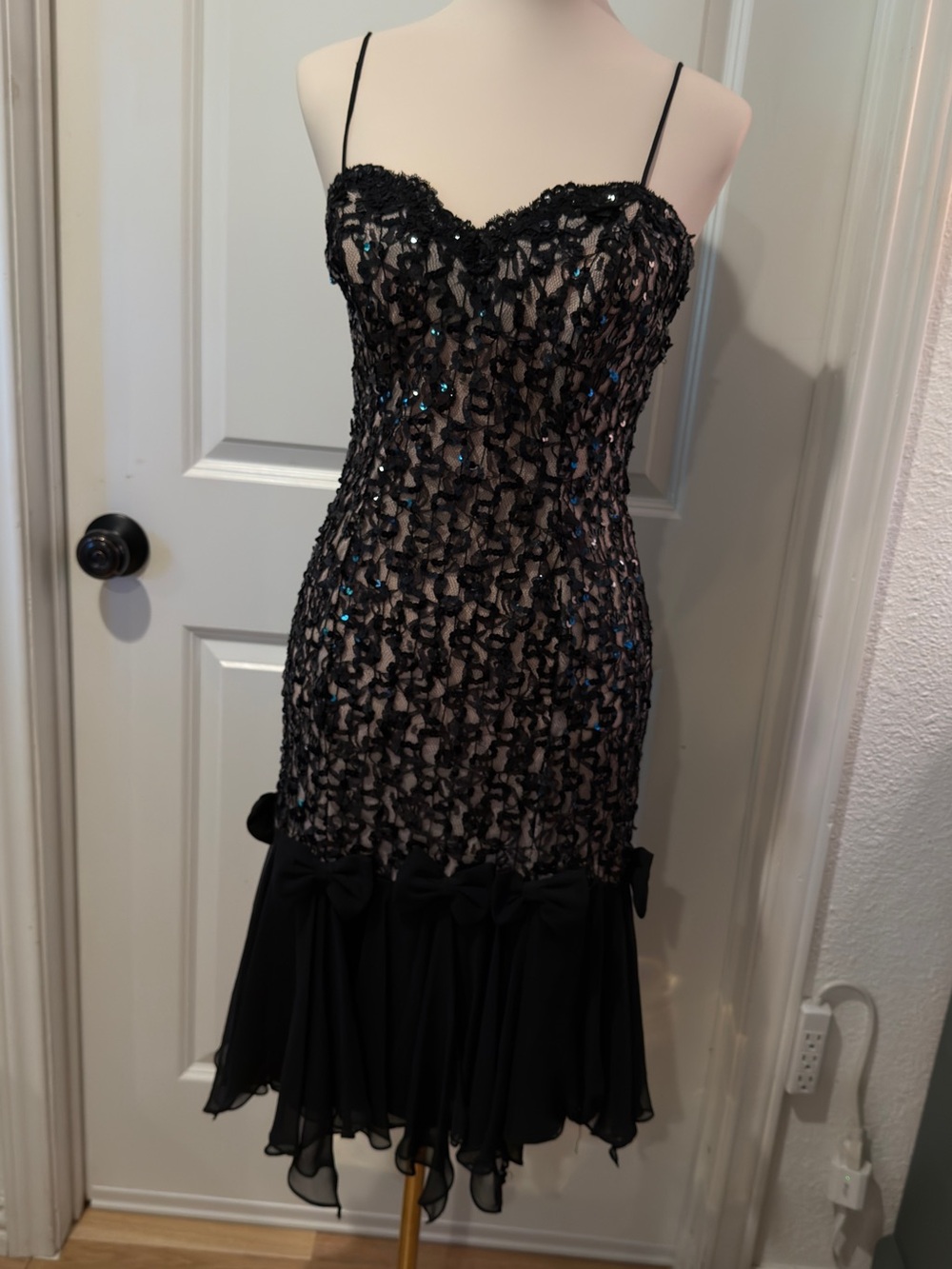 Vintage Roberta Black Sequin Lace-Overlay Spaghetti Strap Dress